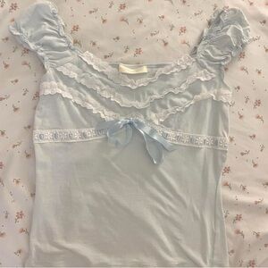 Light Blue Ruffled Top with Lace Details